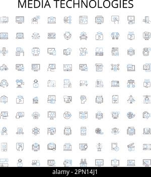 Media technologies outline icons collection. Multimedia, Broadcasting, Streaming, Video, Audio, Graphics, Webcast vector illustration set. Internet Stock Vector