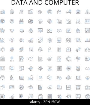 Data and computer outline icons collection. Data, Computer, Analysis, Science, Networking, Technology, Storage vector illustration set. Processing Stock Vector