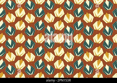 Seamless floral pattern with abstract geometric flower texture, gold on brown background. Light modern simple wallpaper, bright tile backdrop, decorative graphic element. Vector illustration Stock Vector