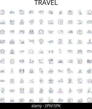 Travel outline icons collection. Trip, Tour, Journey, Voyage, Explore, Vacation, Fly vector illustration set. Adventure, Sightsee, Road Trip linear Stock Vector