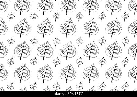 Contours of leaves. Black and white colors. Scandinavian style. White background. Seamless pattern. Primitive drawing. Monochrome illustration. Vector illustration Stock Vector