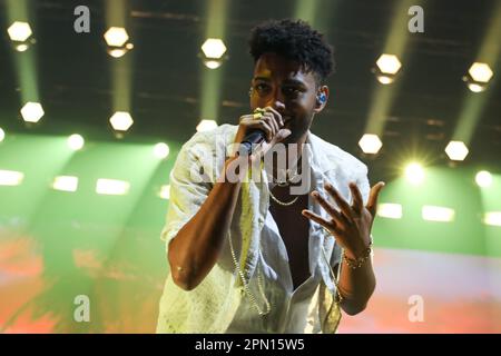 Porto, Portugal. 15th Apr, 2023. Musical duo Calema, António Mendes Ferreira, from São Tomé Príncipe, performs live in the concert at the Super Bock Arena. Credit: SOPA Images Limited/Alamy Live News Stock Photo