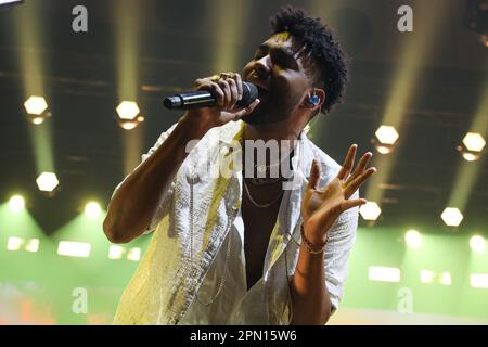 Porto, Portugal. 15th Apr, 2023. Musical duo Calema, António Mendes Ferreira, from São Tomé Príncipe, performs live in the concert at the Super Bock Arena. Credit: SOPA Images Limited/Alamy Live News Stock Photo