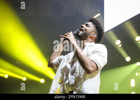 Porto, Portugal. 15th Apr, 2023. Musical duo Calema, António Mendes Ferreira, from São Tomé Príncipe, performs live in the concert at the Super Bock Arena. Credit: SOPA Images Limited/Alamy Live News Stock Photo