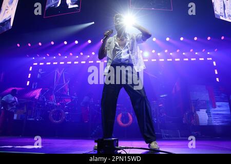 Porto, Portugal. 15th Apr, 2023. Musical duo Calema, António Mendes Ferreira, from São Tomé Príncipe, performs live in the concert at the Super Bock Arena. Credit: SOPA Images Limited/Alamy Live News Stock Photo