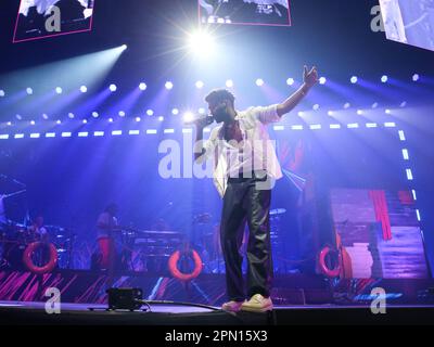 Porto, Portugal. 15th Apr, 2023. Musical duo Calema, António Mendes Ferreira, from São Tomé Príncipe, performs live in the concert at the Super Bock Arena. Credit: SOPA Images Limited/Alamy Live News Stock Photo