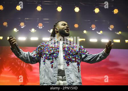 Porto, Portugal. 15th Apr, 2023. Musical duo Calema, Fradique Mendes Ferreira, from São Tomé Príncipe, performs live in the concert at the Super Bock Arena. Credit: SOPA Images Limited/Alamy Live News Stock Photo