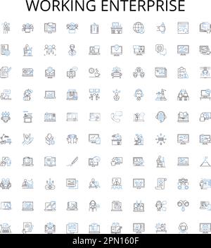 Working enterprise outline icons collection. Enterprise, Working, Business, Organization, Firm, Company, Corporation vector illustration set Stock Vector