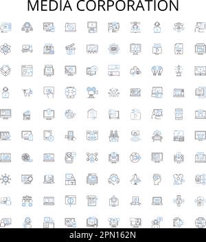 Media corporation outline icons collection. Media, Corporation, Publishing, News, Print, Digital, Network vector illustration set. Broadcast, Content Stock Vector