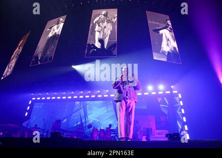 Porto, Portugal. 15th Apr, 2023. Musical duo Calema, Fradique Mendes Ferreira, from São Tomé Príncipe, performs live in the concert at the Super Bock Arena. (Photo by Rita Franca/SOPA Images/Sipa USA) Credit: Sipa USA/Alamy Live News Stock Photo