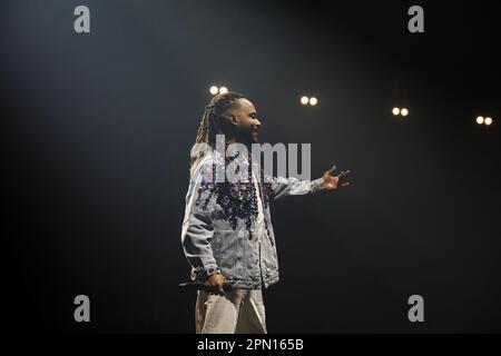 Porto, Portugal. 15th Apr, 2023. Musical duo Calema, Fradique Mendes Ferreira, from São Tomé Príncipe, performs live in the concert at the Super Bock Arena. (Photo by Rita Franca/SOPA Images/Sipa USA) Credit: Sipa USA/Alamy Live News Stock Photo