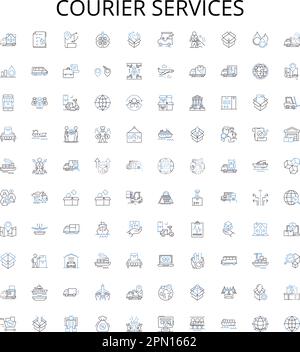 Courier services outline icons collection. Courier, Services, Delivery, Shipping, Logistics, Mail, Packaging vector illustration set. Transport Stock Vector