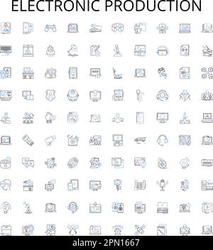 Electronic production outline icons collection. Electronics, Production, Manufacturing, Assembly, Design, PCB, Soldering vector illustration set Stock Vector