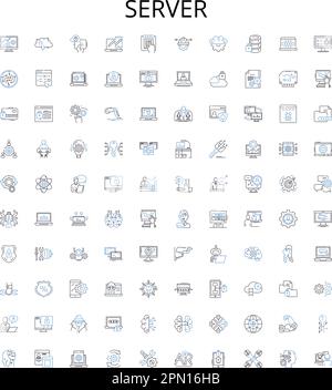 Server outline icons collection. Server, Hosting, Servers, Web-Server, Database, DNS, Virtual vector illustration set. Rack, Cloud, Linux linear signs Stock Vector