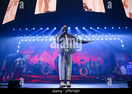 Porto, Portugal. 15th Apr, 2023. Musical duo Calema, Fradique Mendes Ferreira, from São Tomé Príncipe, performs live in the concert at the Super Bock Arena. (Photo by Rita Franca/SOPA Images/Sipa USA) Credit: Sipa USA/Alamy Live News Stock Photo