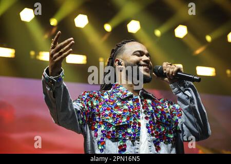 Porto, Portugal. 15th Apr, 2023. Musical duo Calema, Fradique Mendes Ferreira, from São Tomé Príncipe, performs live in the concert at the Super Bock Arena. (Photo by Rita Franca/SOPA Images/Sipa USA) Credit: Sipa USA/Alamy Live News Stock Photo