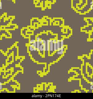 Blooming pixel flowers, blossom ornament print Stock Vector