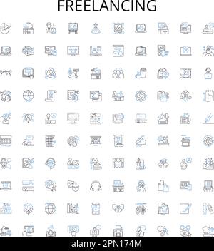 Freelancing outline icons collection. Freelance, Jobs, Contractor, Self-Employment, Gigs, Solopreneur, Outsourcing vector illustration set Stock Vector