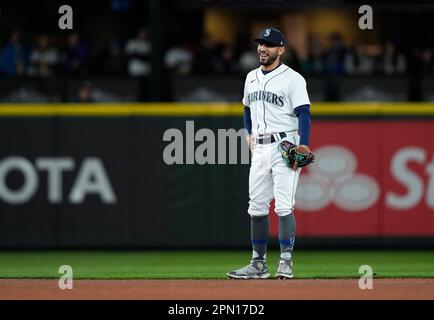 Seattle Mariners second baseman Kolten Wong runs out onto the field before  a baseball game against the St. Louis Cardinals, Sunday, April 23, 2023, in  Seattle. (AP Photo/Lindsey Wasson Stock Photo - Alamy