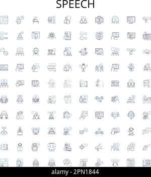 Speech outline icons collection. Speaking, Oratory, Reciting, Rhetoric, Elocution, Pronunciation, Vocalizing vector illustration set. Intonation Stock Vector