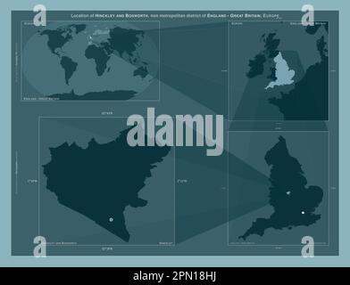 Hinckley and Bosworth, non metropolitan district of England - Great Britain. Diagram showing the location of the region on larger-scale maps. Composit Stock Photo