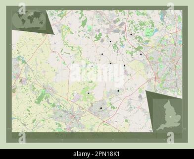 Hinckley and Bosworth, non metropolitan district of England - Great Britain. Open Street Map. Locations of major cities of the region. Corner auxiliar Stock Photo