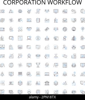 Corporation workflow outline icons collection. Corporate, Workflow, Process, Management, Automation, Systems, Analysis vector illustration set. Data Stock Vector