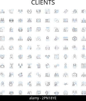 Clients outline icons collection. Customers, Consumers, Patrons, Buyers, Subscribers, Audience, Users vector illustration set. Clients, Guests Stock Vector