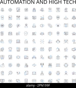 Automation and high tech outline icons collection. Automation, High-tech, Robotics, AI, Machine-Learning, Tech, Automated vector illustration set Stock Vector
