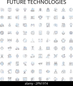 Future technologies outline icons collection. AI, Robotics, Automation, Virtual Reality, Quantum Computing, Augmented Reality, Biotechnology vector Stock Vector
