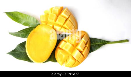 Fresh Yellow ripen Mango with leaf isolated Stock Photo