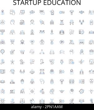 Startup education outline icons collection. Entrepreneurship, Incubation, Venture, Funding, Mentorship, Marketing, Networking vector illustration set Stock Vector