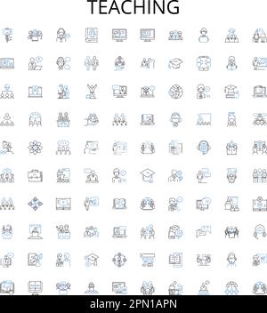 Teaching outline icons collection. Tutor, Instruct, Educate, Guide, Coach, Direct, Lecture vector illustration set. Mentor, School, Teach linear signs Stock Vector