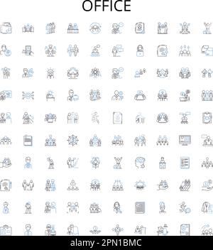 Office outline icons collection. Workplace, Desk, Chair, Computers, Stationery, Printer, Filing vector illustration set. Management, Supplies Stock Vector