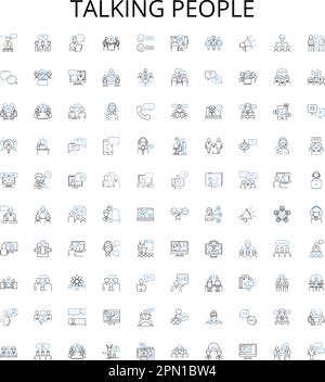 Talking people outline icons collection. Conversing, Chattering, Chatting, Discussing, Dialoguing, Interacting, Speaking vector illustration set Stock Vector