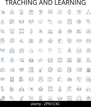 Traching and learning outline icons collection. Teaching, Learning, Education, Instruction, Curriculum, Assessment, Methodology vector illustration Stock Vector