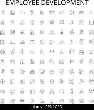 Employee development outline icons collection. Employee, Development, Training, Coaching, Learning, Management, Growth vector illustration set Stock Vector