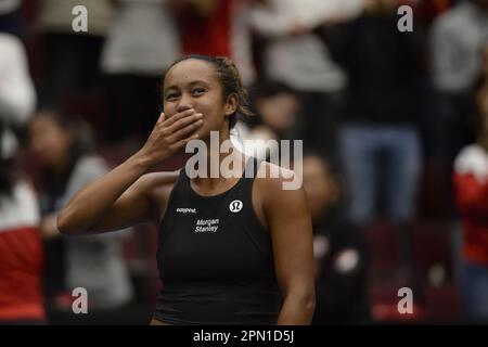 Vancouver, Canada. 15th Apr, 2023. Canadian Leylah Fernandez pictured during a tennis match against Belgian Bovaventure, the third rubber in the meeting between Canada and Belgium, in the qualifiers for the Billie Jean King Cup tennis in Vancouver, Canada, on Saturday 15 April 2023. BELGA PHOTO ANNE-MARIE SORVIN Credit: Belga News Agency/Alamy Live News Stock Photo