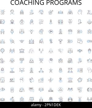 Coaching programs outline icons collection. Training, Teaching, Tutoring, Mentoring, Seminars, Courses, Programs vector illustration set. Workshops Stock Vector