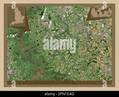 Kirklees, administrative county of England - Great Britain. Low resolution satellite map. Locations of major cities of the region. Corner auxiliary lo Stock Photo