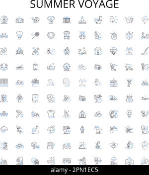 Summer voyage outline icons collection. Voyage, Summer, Tour, Trip, Cruise, Journey, Jaunt vector illustration set. Outing, Safari, Expedition linear Stock Vector