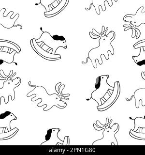 Cartoon Christmas Horse and Deer Toys in outline doodle style isolated on white background. Vector seamless pattern. Stock Vector
