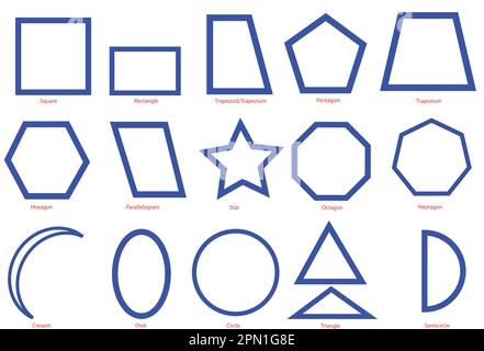 a set of a variety of geometric shapes in blue outline for science and maths. Education use. Stock Vector