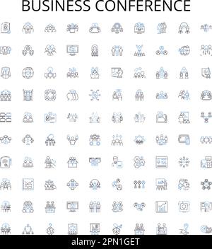 Business conference outline icons collection. Business, conference, seminar, symposium, forum, presentation, workshop vector illustration set. trade Stock Vector