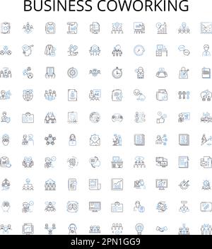 Business coworking outline icons collection. Co-working, Business, Office, Shared, Networking, Space, Collaboration vector illustration set. Hub Stock Vector