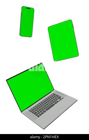 Modern laptop and smartphone with chromakey green screens in isolated ...