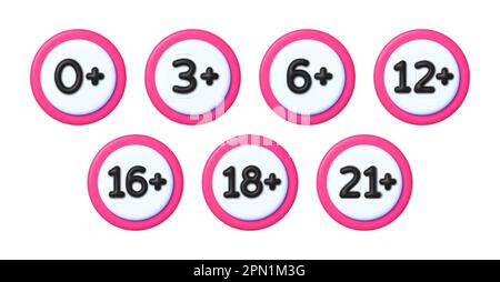 Age limit sign set in 3D style. Adults content only age restriction 0, 3, 6,12, 14, 16, 18, 21 plus years old 3D icons. Stock Vector