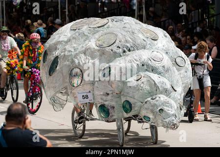 Houston, USA. 15th Apr, 2023. An art bike participates in the 36th Houston Art Car Parade in Houston, Texas, the United States, April 15, 2023. The yearly event gathered over 250 art cars and other exhibits, drawing in more than 250,000 spectators. The parade showcased a diverse range of wheeled vehicles, including bicycles, unicycles, lawnmowers, cars, and go-karts. Credit: Chen Chen/Xinhua/Alamy Live News Stock Photo