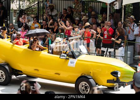 Houston, USA. 15th Apr, 2023. An art car participates in the 36th Houston Art Car Parade in Houston, Texas, the United States, April 15, 2023. The yearly event gathered over 250 art cars and other exhibits, drawing in more than 250,000 spectators. The parade showcased a diverse range of wheeled vehicles, including bicycles, unicycles, lawnmowers, cars, and go-karts. Credit: Chen Chen/Xinhua/Alamy Live News Stock Photo