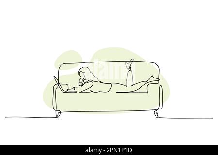 One continuous line drawing of young woman lying on the sofa and working with a laptop. Stock Vector